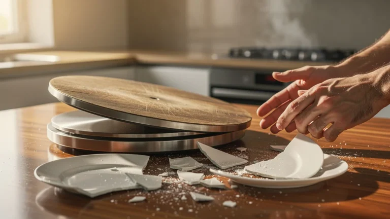Plateau tournant mal monté avec deux assiettes cassées sur un plan de travail en bois