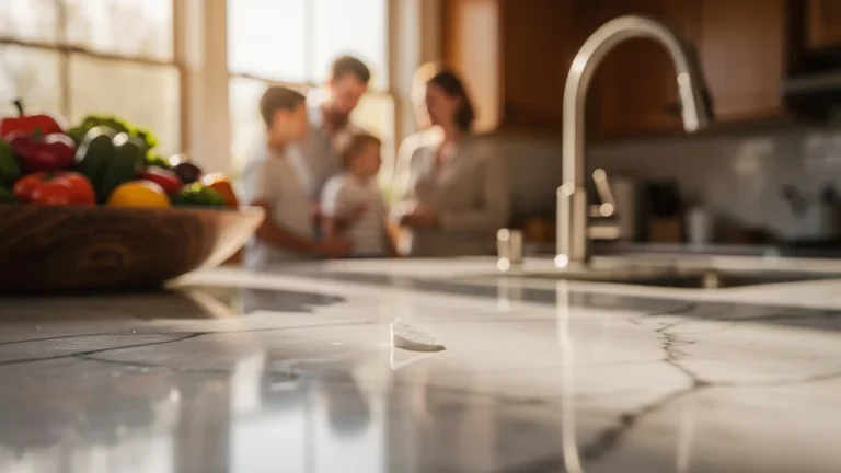 Plan de travail en céramique avec éclat blanc visible dans une cuisine familiale lumineuse et chaleureuse