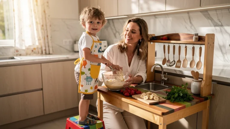 Coin cuisine à hauteur d’un enfant de 5 ans pour cuisiner ensemble, espace enfant convivial et sécurisé