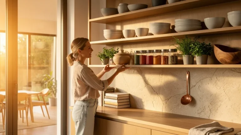 Cuisine moderne avec étagères ouvertes remplaçant placards hauts, lumière naturelle et ambiance aérée