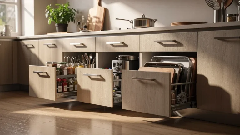Trois systèmes de plinthe-tiroir sous meubles bas pour un gain de rangement cuisine efficace