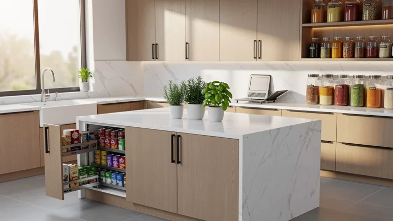 Cuisine moderne parfaitement organisée avec astuce rangement cuisine, lumière naturelle et matériaux élégants
