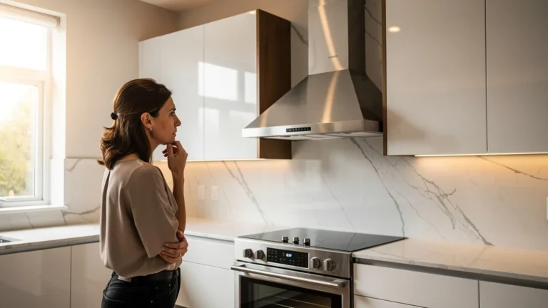 Cuisine moderne avec meubles hauts mal dimensionnés par rapport à la hotte, reflet d’une erreur de mesure