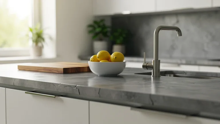Plan de travail en béton ciré lisse et moderne dans cuisine élégante et lumineuse