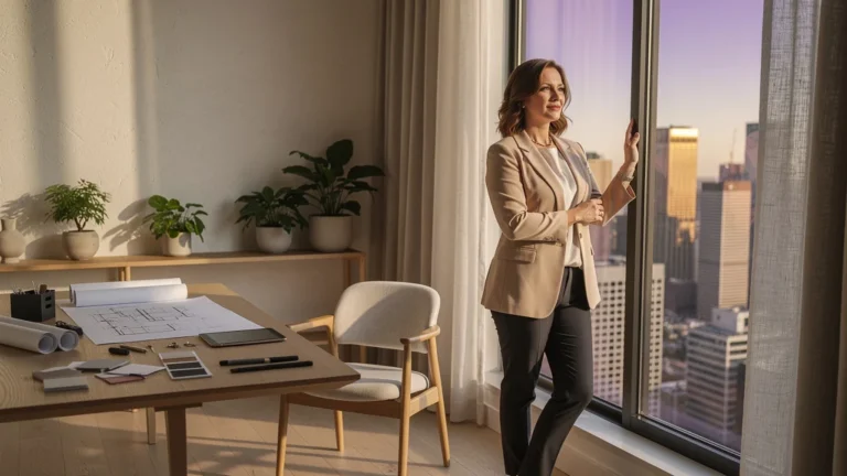 Portrait photo réaliste d'une rédactrice en aménagement intérieur posant dans un studio moderne lumineux