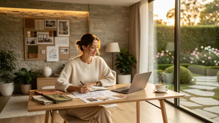 Portrait réaliste d'une rédactrice en aménagement intérieur dans un salon moderne lumineux