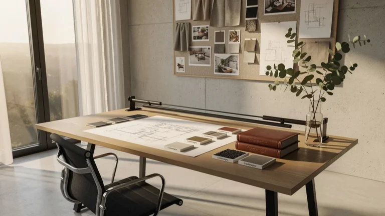 Studio d’aménagement intérieur moderne avec plans Costamagna et ambiance professionnelle lumineuse
