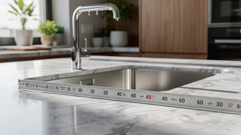 Cuisine moderne avec évier en acier inoxydable et mesure précise de la dimension évier avant installation