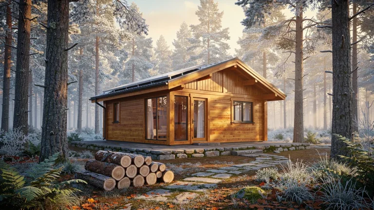 Cabane en bois écologique nordique entourée de forêt avec lumière dorée et panneaux solaires