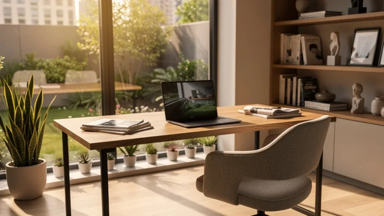 Bureau moderne avec décoration intérieure élégante, lumière naturelle, ambiance calme et design épuré