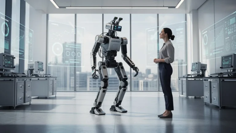 Test d’autonomie Eurotech en laboratoire high-tech avec ingénieure femme observant performances réelles