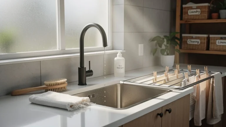 Évier buanderie moderne en inox dans une pièce lumineuse avec accessoires et ambiance épurée