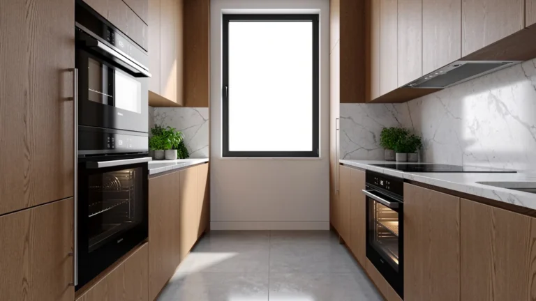 Cuisine en longueur avec four en colonne et four sous plan intégrés dans un décor moderne et élégant