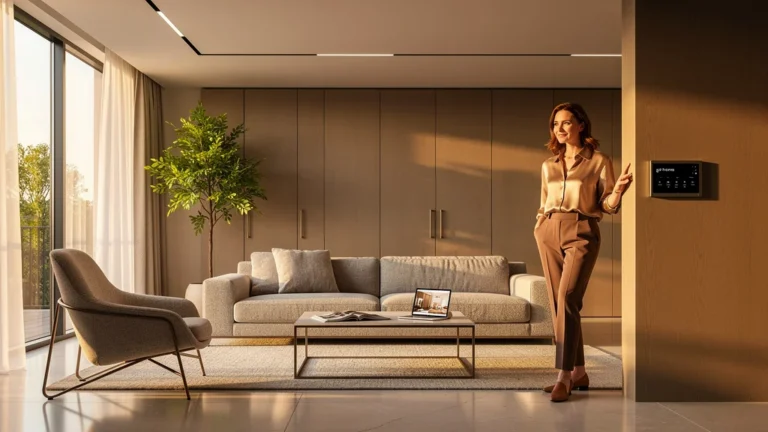 Femme de 37 ans découvrant l’aménagement intérieur moderne avec gd home après 3 mois d’usage