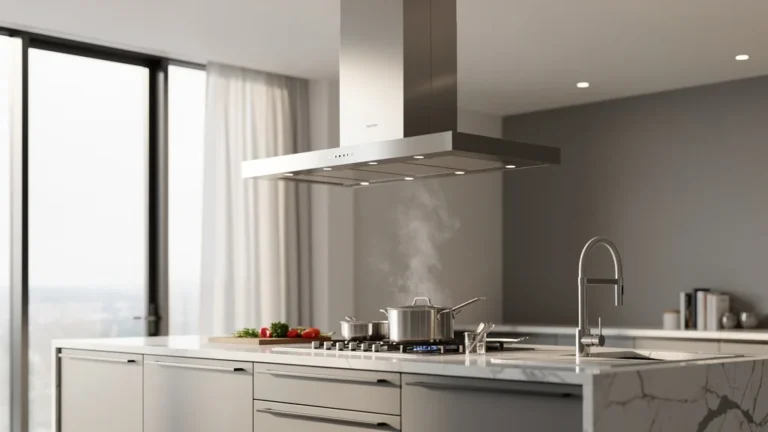 Cuisine moderne avec hotte ilot central en acier inoxydable testée pendant 30 jours, design élégant et efficacité