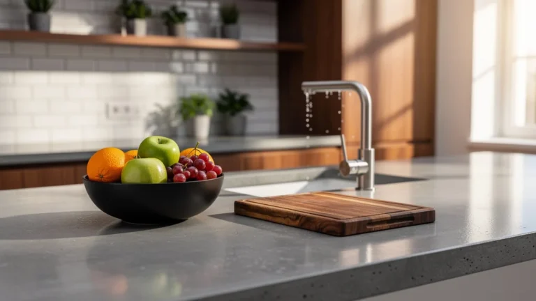 Plan de travail rénové en béton ciré six mois plus tard, surface lisse et moderne en cuisine