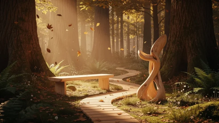 Forêt d'automne avec éléments en bois naturel intégrés, illustration concept nature bois concept