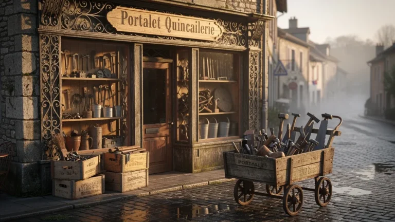 Façade détaillée de la quincaillerie Portalet en pierre et bois, ambiance villageoise matinale authentique