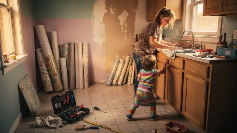 Rénovation d'une petite cuisine avec une femme de 37 ans et un enfant de 5 ans dynamique autour