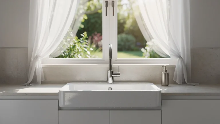 Robinet mural et classique pour évier sous fenêtre dans cuisine moderne lumineuse et élégante