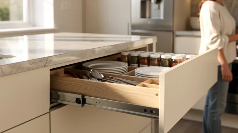 tiroir coulissant pour placard cuisine moderne avec organisation parfaite et lumière naturelle