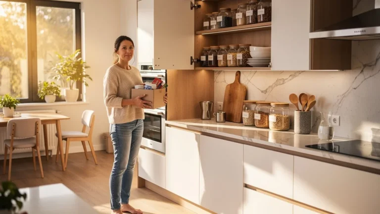 Femme trieuse de 37 ans organise et vide ses placards de cuisine en un week-end, désencombrement réussi