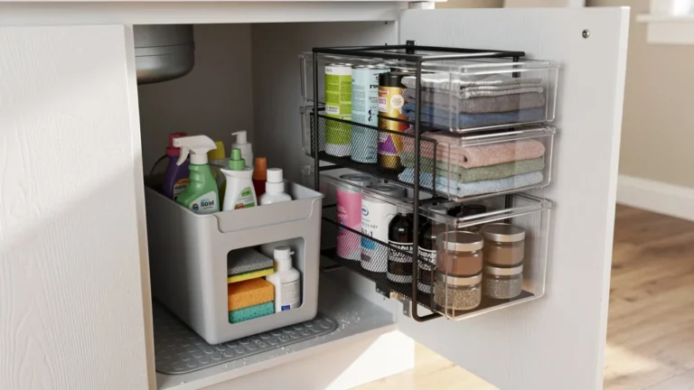Rangements sous évier organisés avec trois solutions pour caser produits ménagers efficacement